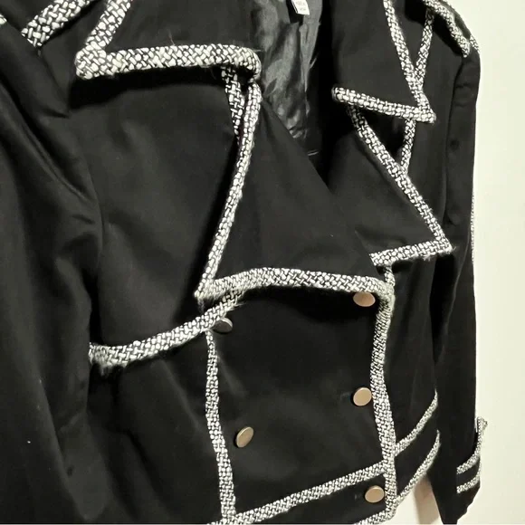 CACHE Vintage Black SOFT Cotton double breasted Tweed Trim short MOTO jacket - Picture 3 of 9